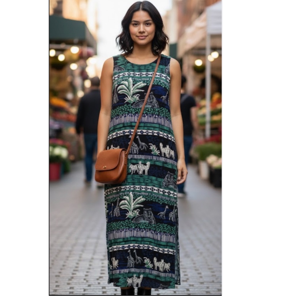 VTG 90s Sheri Martin Maxi Dress 12 Safari Print Giraffe Zebra Resort Tropical